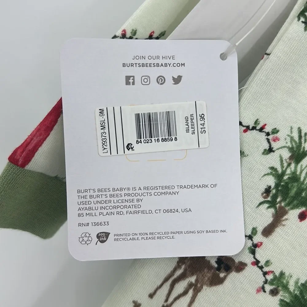 Burt’s Bees Palmtree Dear Christmas Sleeper Sz 6-9m NWT‎